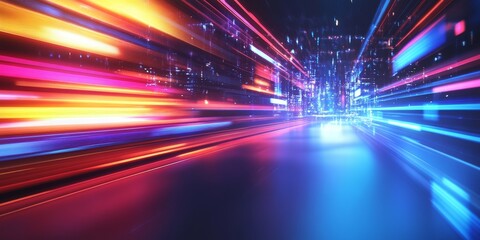 Experience the thrill of vibrant light trails depicting motion in an urban environment. This image showcases an abstract design filled with dynamic colors and energy.