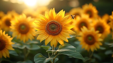 Obraz premium Vivid yellow sunflowers in a sunlit field attracting bees in a natural setting