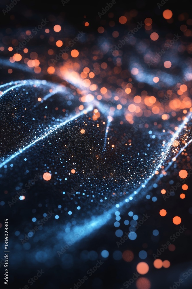 Poster colorful abstract design featuring blue and orange light waves intertwined with sparkling particles,