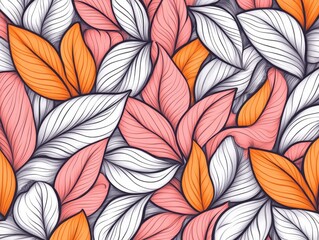 Vibrant foliage pattern featuring pink, white, and orange leaves in a seamless design