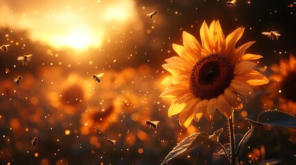 A glowing sunflower landscape filled with active bees in the warmth of the sun