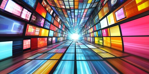 Explore a vivid digital perspective showcasing a tunnel of colorful displays leading to a bright light, symbolizing the energetic world of technology and creativity.