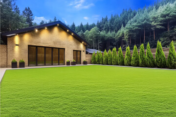 Obraz premium Modern house exterior surrounded by lush greenery and tall trees at twilight