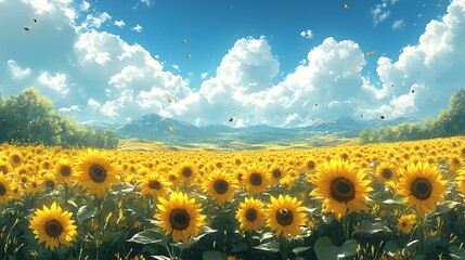 Obraz premium A bustling sunflower field with bright yellow blooms and bees collecting pollen