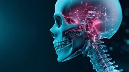 Obraz premium osteology diagrams concept A digital rendering of a human skull showcasing neural connections and a glowing effect.