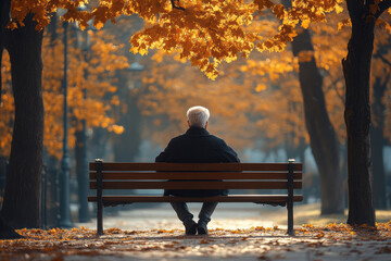 An elderly man sits on a bench surrounded by vibrant autumn foliage, enjoying a serene moment in the park.