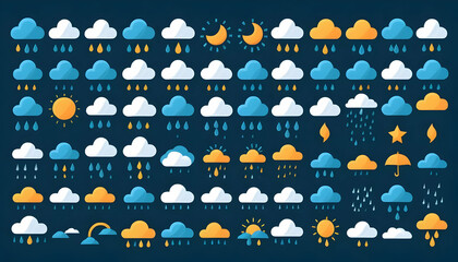 Weather Icons Collection with Sun, Clouds, Rain, and Moon Phases