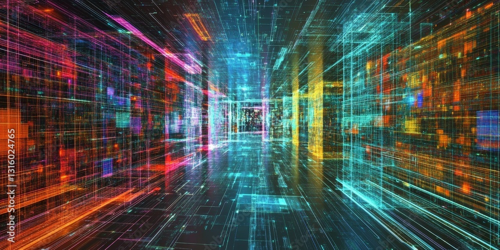 Poster a stunning abstract representation of data visualization featuring vibrant colors and geometric patt