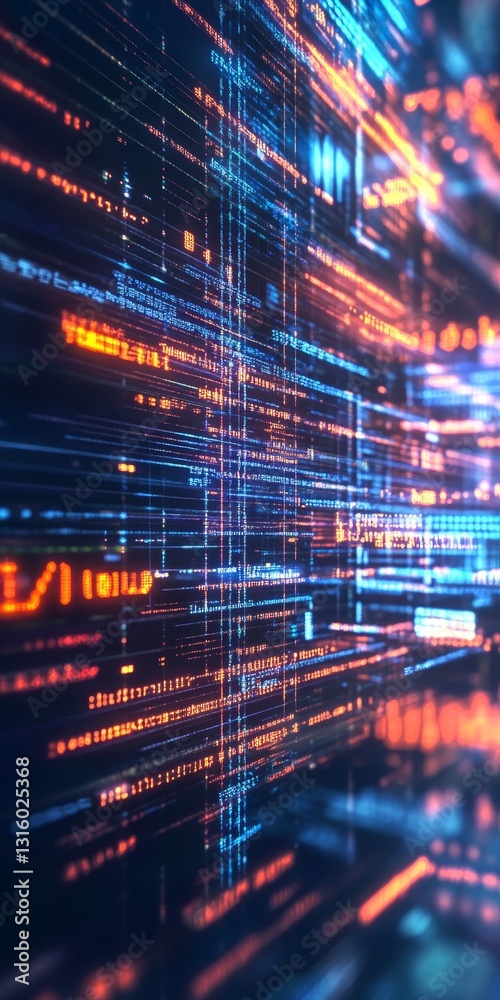 Poster this abstract image captures a vibrant flow of digital data, featuring bright neon colors and light 