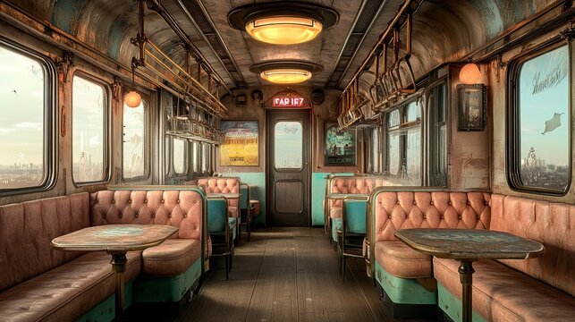 The old train has an interior that includes a vintage railway carriage, complete with retro wooden seats, situated in an empty historic cabin of an antique locomotive compartment, which serves as a