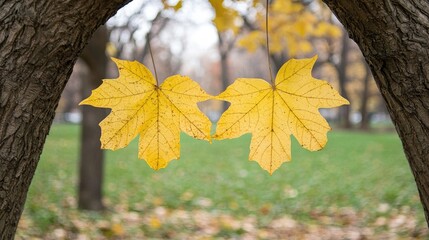 Obraz premium Close-Up View of Two Yellow Maple Leaves Hanging from a Tree Branch with Green Grass Background in an Autumn Park Setting