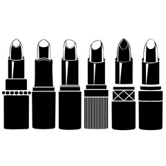 A black and white silhouette illustration of seven lipsticks in different styles and levels of use, arranged in a row. The design emphasizes beauty, fashion, and cosmetics.