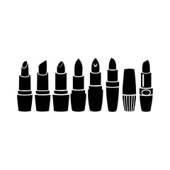 A black and white silhouette illustration of seven lipsticks in different styles and levels of use, arranged in a row. The design emphasizes beauty, fashion, and cosmetics.