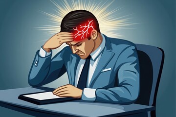 A distressed man in a suit holding his head, symbolizing stress or mental strain, with a glowing aura around his head.