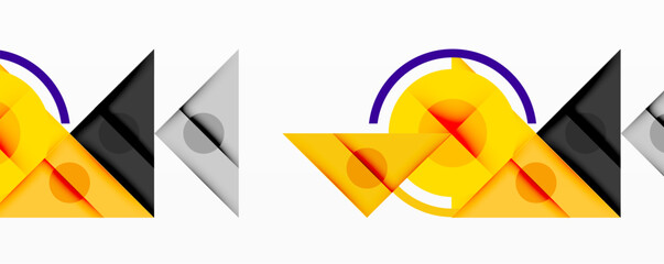 Geometric abstract design with layered triangles, circles, and gradients, forming a structured pattern with sharp contrasts and depth