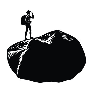 black silhouette hiker atop mountain peak clip art preview