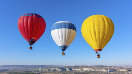 Fototapeta premium Colorful hot air balloons soaring in clear blue sky over scenic landscapes