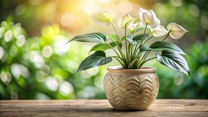 Serene Peace Lily in Ornate Pot on Wooden Surface with Sunlit Garden Background