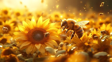 A lively sunflower field with golden blooms and bees gathering nectar