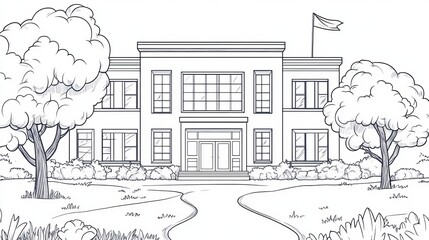 A coloring book containing a school building and educational drawings, doodles, and outlined contours serves as a tool for a kindergarten student's sketching and learning lessons