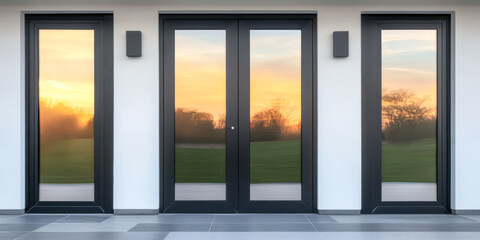 Fototapeta premium Elegant modern entrance with sunset reflections in glass doors