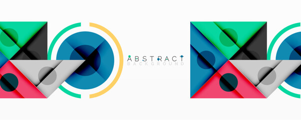 Abstract geometric composition with overlapping triangles, circles, and gradients, featuring a central circular design with text