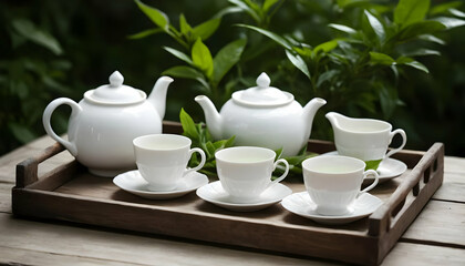 Fototapeta premium Elegant White Tea Set Displayed on Wooden Tray Among Green Leaves
