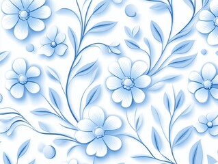 Delicate blue floral pattern with intricate leaves and flowers on a white background