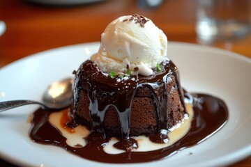 Gourmet lava cake with dark chocolate drizzle and a spoonful of vanilla ice cream on top.