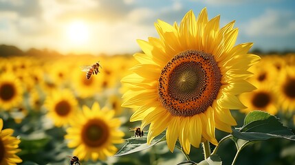 Obraz premium Close-up of sunflower petals with bees flying around in a sunny field