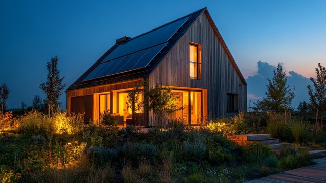 Innovative house night sky roof and efficient exterior property evening technology come together in a sustainable solar panel home to create a modern clean energy system that is renewable and