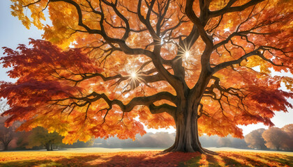 Majestic Autumn Tree with Vibrant Orange Leaves in Sunlight