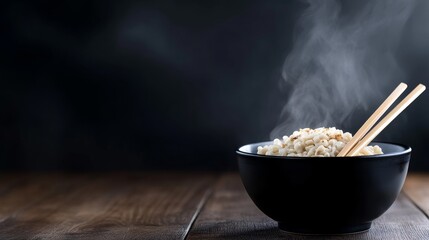 Steaming bowl of noodles with chopsticks on a wooden table against a dark background