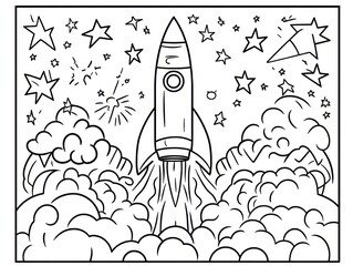Obraz premium Rocket launching into space, stars, clouds, coloring page, education