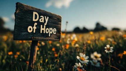 Rustic Wellness Retreat Sustainable Day of Hope Wooden Signage in Wildflower Meadow - Spring Renewal and Mindful Community Empowerment