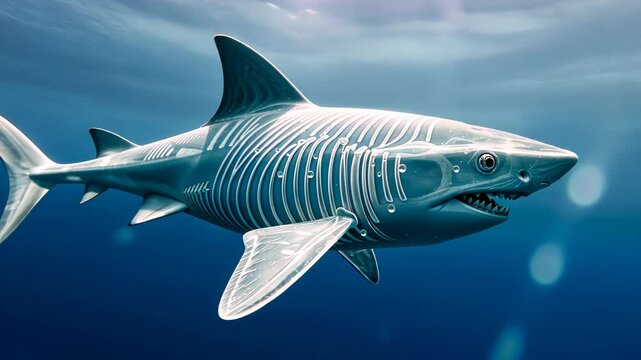 Stripped Metallic Shark in Deep Blue Ocean Pixelated with Abstract Background and Pixel Artefact with Pattern and Generated Image