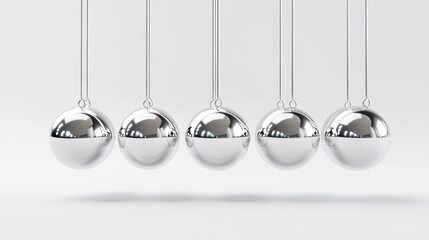 3D render of Newton's cradle on a white background, with metallic silver balls and shiny steel spheres hanging from strings in the center. Front view, close-up, minimalistic design, no shadows. 