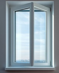 Bright airy window with blue sky view modern white frame open inward for ventilation and light clean lines architecture