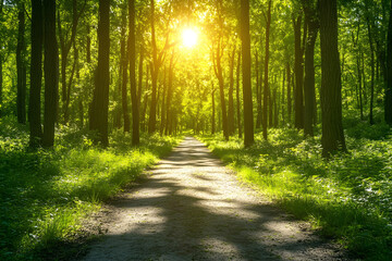 Obraz premium Sunlit Pine Forest with Tall Trees and Green Foliage – Serene Nature Landscape in Golden Light, AI GENERATIVE 