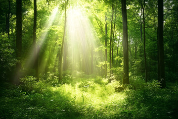 Sunlit Pine Forest with Tall Trees and Green Foliage – Serene Nature Landscape in Golden Light, AI GENERATIVE 