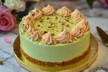 Gourmet rose pistachio cake with pistachio mousse and a golden cake board
