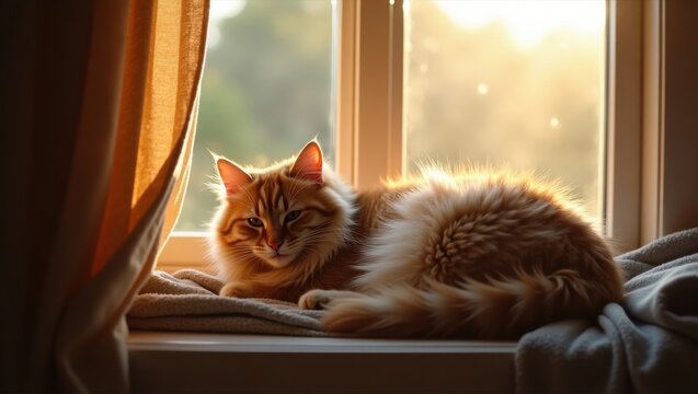 Relaxation for national napping day cat napping in a sunlit window cozy home environment