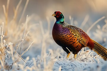 Fototapeta premium The beauty of a pheasant standing proudly amidst the winter frost.