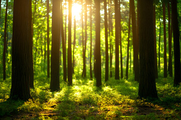 Naklejka premium Sunlit Pine Forest with Tall Trees and Green Foliage – Serene Nature Landscape in Golden Light, AI GENERATIVE 