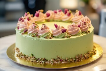 Gourmet rose pistachio cake with pistachio mousse and a golden cake board