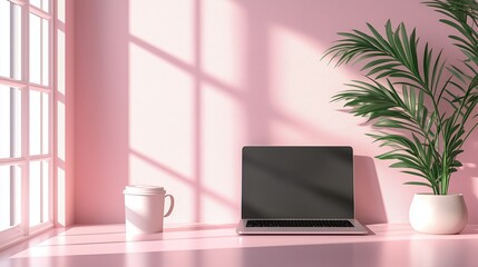 Fototapeta premium Serene Workspace: A person engrossed in work on a laptop in a sunlit room filled with plants, framed artwork, and a bookshelf, creating a perfect blend of productivity and relaxation. 