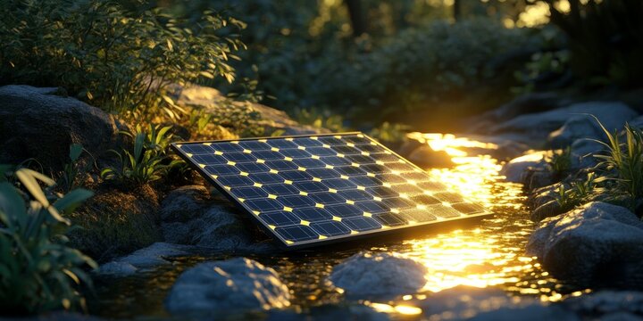 A solar panel rests on smooth rocks beside a stream, illuminated by sunlight, showcasing a harmonious blend of nature and technology, ideal for eco-friendly themes.
