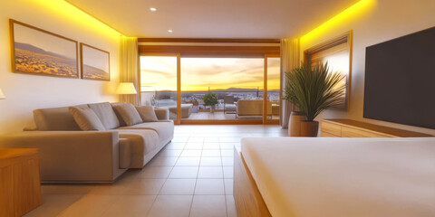 Fototapeta premium Modern hotel room with stunning sunset view from balcony in a coastal city