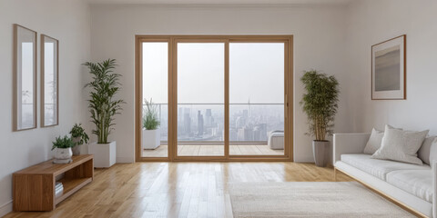 Fototapeta premium Modern living room with a view of a city skyline through large glass doors