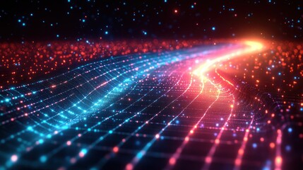 Obraz premium Glowing data stream flowing through digital grid in space
